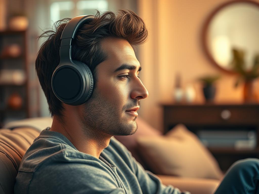 Homme รฉcoutant la BO de The Life of Chuck (2024) dans son salon au casque โ Soundtrack avec Tom Hiddleston et The Newton Brothers