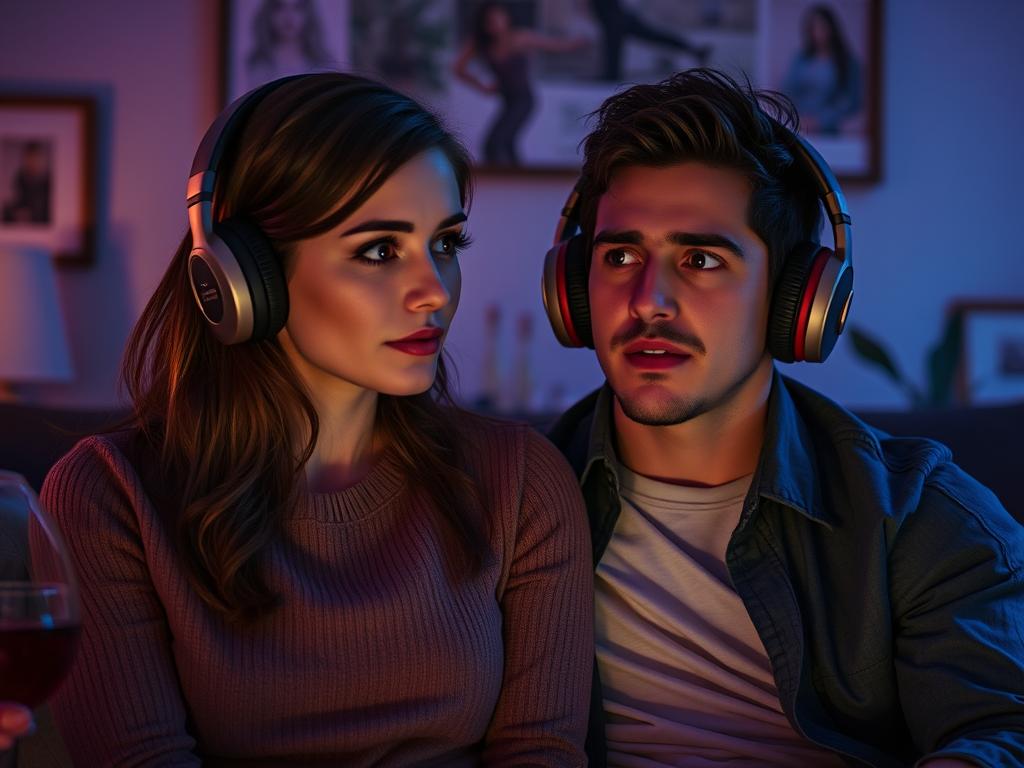 Couple รฉcoutant la musique de la BO Together (2025) Soundtrack dans un salon : vibes horrifiques