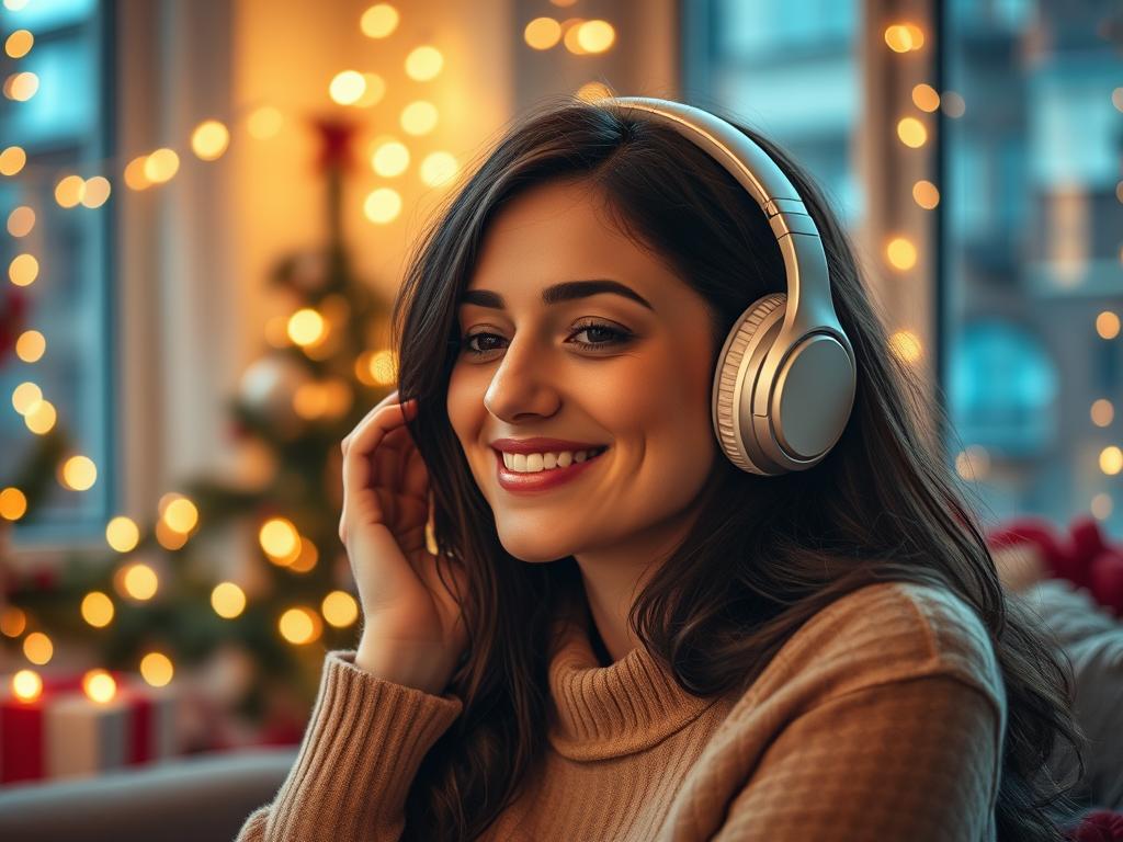 Femme écoutant la musique de la BO A Very Jonas Christmas Movie (2025) Soundtrack à Noël chez elle : vibes joyeuses Disney+