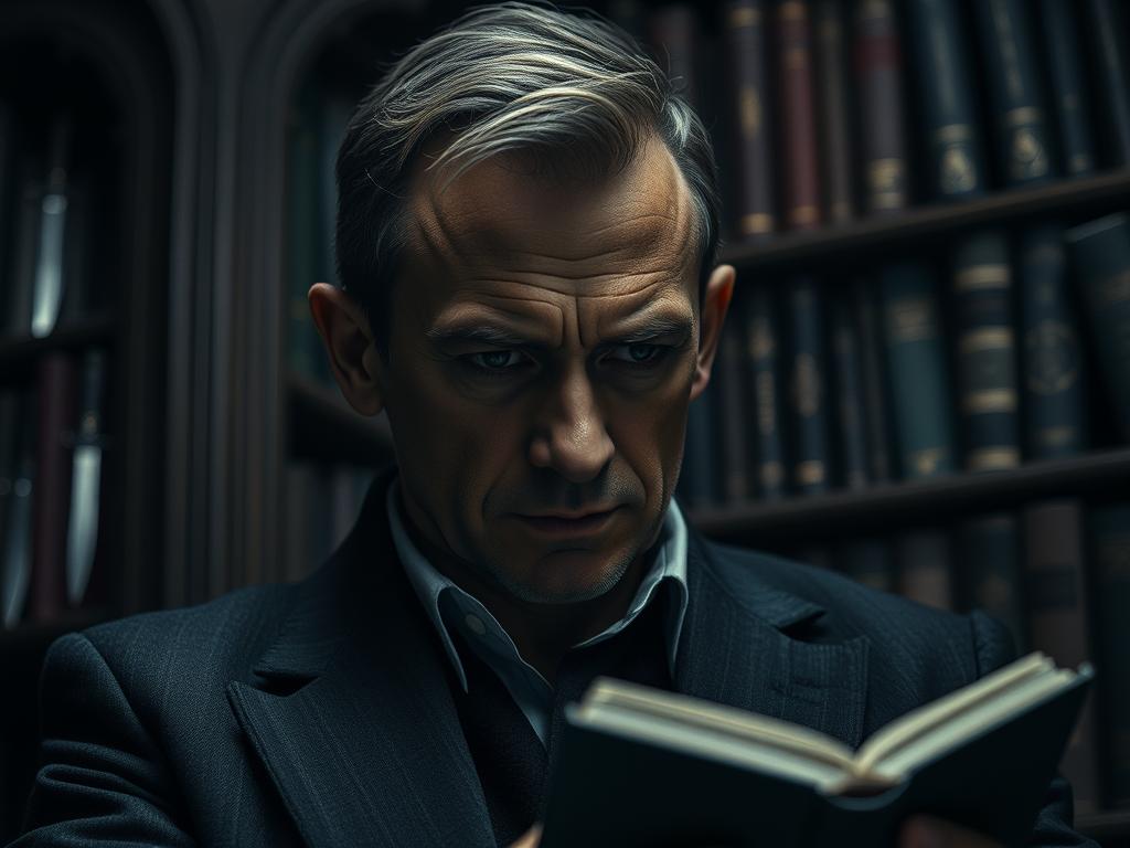 Homme suspicieux et pensif écoutant la musique de la BO Wake Up Dead Man (2025) Soundtrack dans une bibliothèque sombre : vibes murder-mystery Netflix