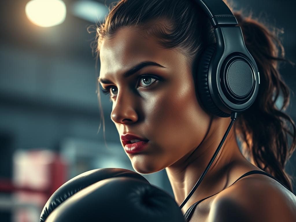 Femme s’entraînant à la boxe avec casque pour la BO Wildcat (2025) Soundtrack : vibes combat Kate Beckinsale