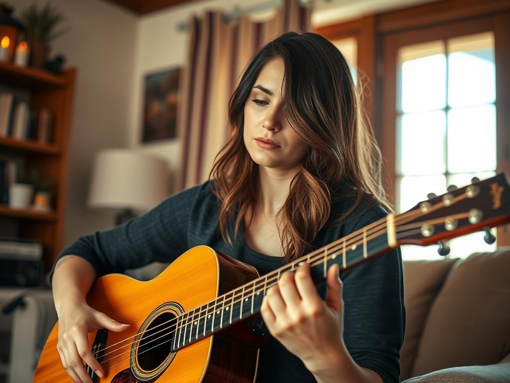 Femme jouant de la guitare chez elle au Texas pour la BO The Witcher Saison 4 (2025) Soundtrack : vibes folk Netflix