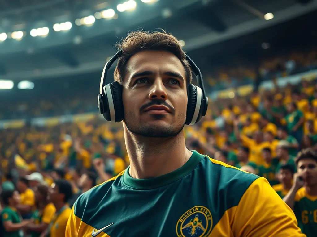 Homme avec casque audio dans un stade au Brรฉsil, ambiance fรชte et chaos inspirรฉe de Balls Up (2026) de Peter Farrelly avec Mark Wahlberg, Paul Walter Hauser et Sacha Baron Cohen, bande originale et score de Dave Palmer pour le scandale mondial du sponsoring condom au Mondial