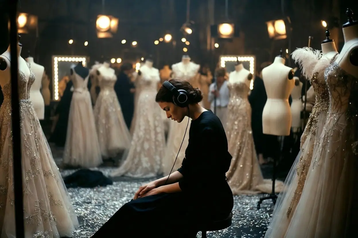 Jeune femme élégante avec un casque audio assise dans un atelier de haute couture à Paris, expression calme et vulnérable, entourée de mannequins et de robes en préparation pour la Fashion Week, ambiance intime et mélancolique inspirée de Coutures (2025) d’Alice Winocour avec Angelina Jolie, bande originale et score d’Anna von Hausswolff & Filip Leyman