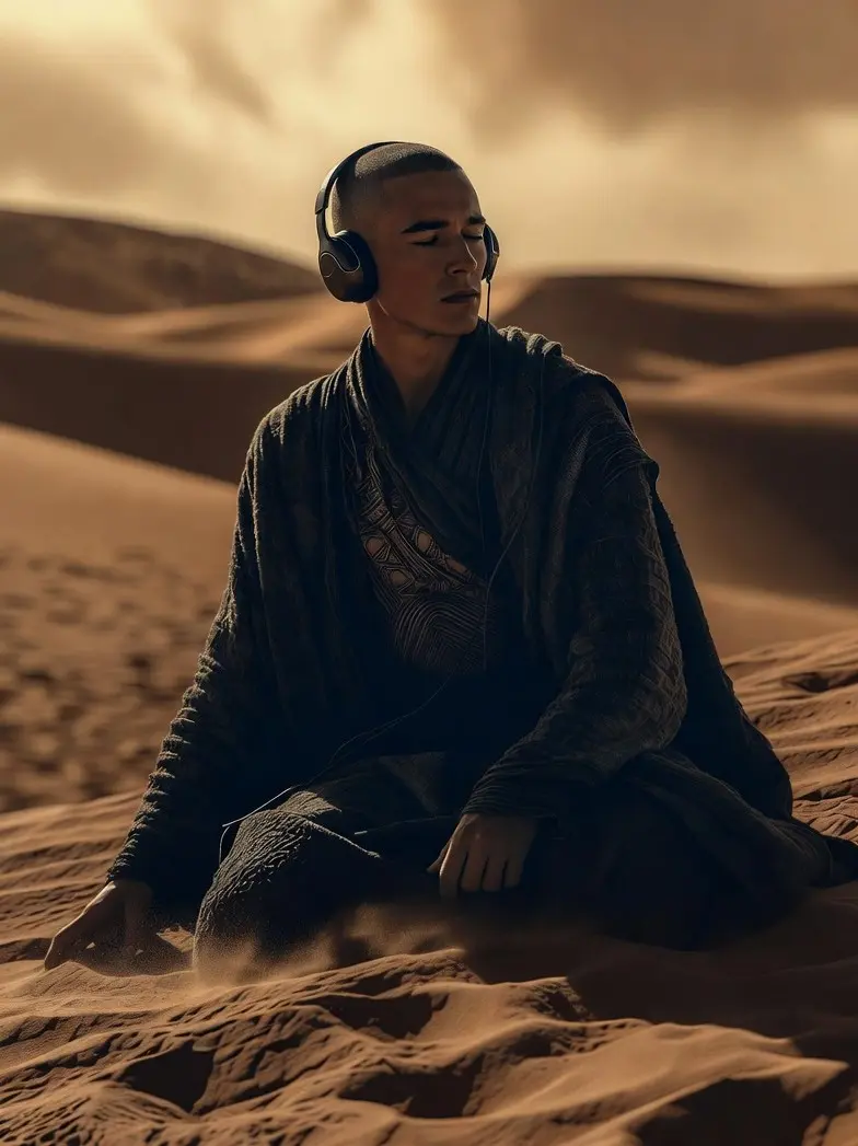 Homme assis sur le sable cheveux rasés écoutant de la musique avec un casque audio, ambiance désertique et introspective cinématographique inspirée de Dune: Part Three (Dune: Troisième Partie) (2026) de Denis Villeneuve avec Timothée Chalamet, Zendaya et Florence Pugh, bande originale et score épique de Hans Zimmer
