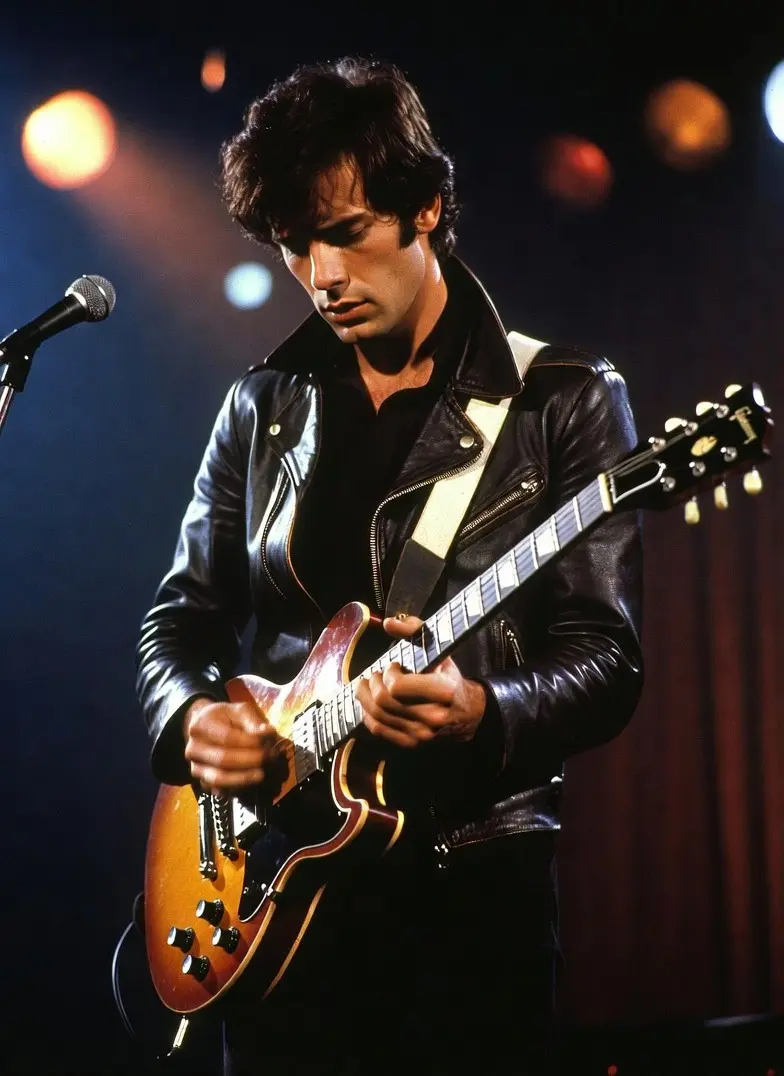 Homme avec guitare électrique et blouson en cuir jouant sur scène, ambiance rock’n’roll intense et énergique inspirée de Elvis (2022) de Baz Luhrmann avec Austin Butler, bande originale et reprises iconiques de Elvis Presley, Doja Cat et Måneskin