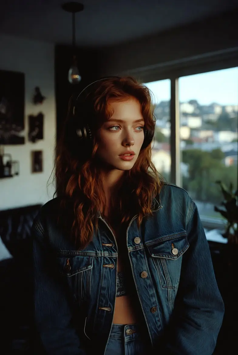 Femme avec veste en jean écoutant de la musique avec un casque audio chez elle, ambiance intime et cinématographique inspirée de Forbidden Fruits (2026) de Meredith Alloway avec Lili Reinhart, Victoria Pedretti, Alexandra Shipp, bande originale incluant The Angel And The Saint et score d’Anna Drubich