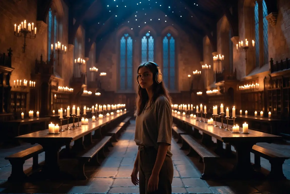Jeune femme avec un casque audio debout au milieu de la Grande Salle de Poudlard, tables en bois, bougies flottantes et plafond enchanté, ambiance cinématographique magique inspirée de Harry Potter and the Philosopher’s Stone (À l’école des sorciers) Saison 1 (HBO Max) (2026), bande originale et score de Hans Zimmer