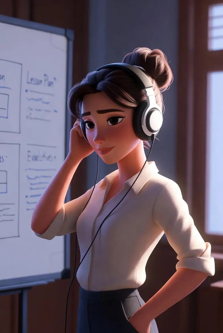 Professeure avec casque audio รฉcoutant de la musique devant son tableau, style cinรฉmatographique Pixar 3D lumineux et chaleureux, illustration รฉvoquant lโambiance รฉducative et รฉmotive de Hoppers (Jumpers) (2026), bande originale avec Save the Day par SZA et score de Mark Mothersbaugh