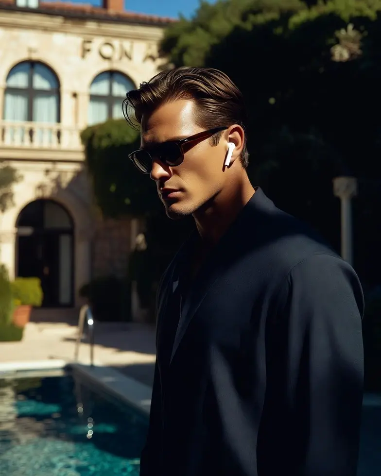 Homme avec lunettes de soleil รฉcoutant de la musique avec earpods ร lโextรฉrieur prรจs dโune piscine, ambiance cinรฉmatographique sophistiquรฉe et ensoleillรฉe inspirรฉe de In the Grey (2026) de Guy Ritchie avec Jake Gyllenhaal, Henry Cavill et Eiza Gonzรกlez, bande originale et musique du trailer Show Me What You Got