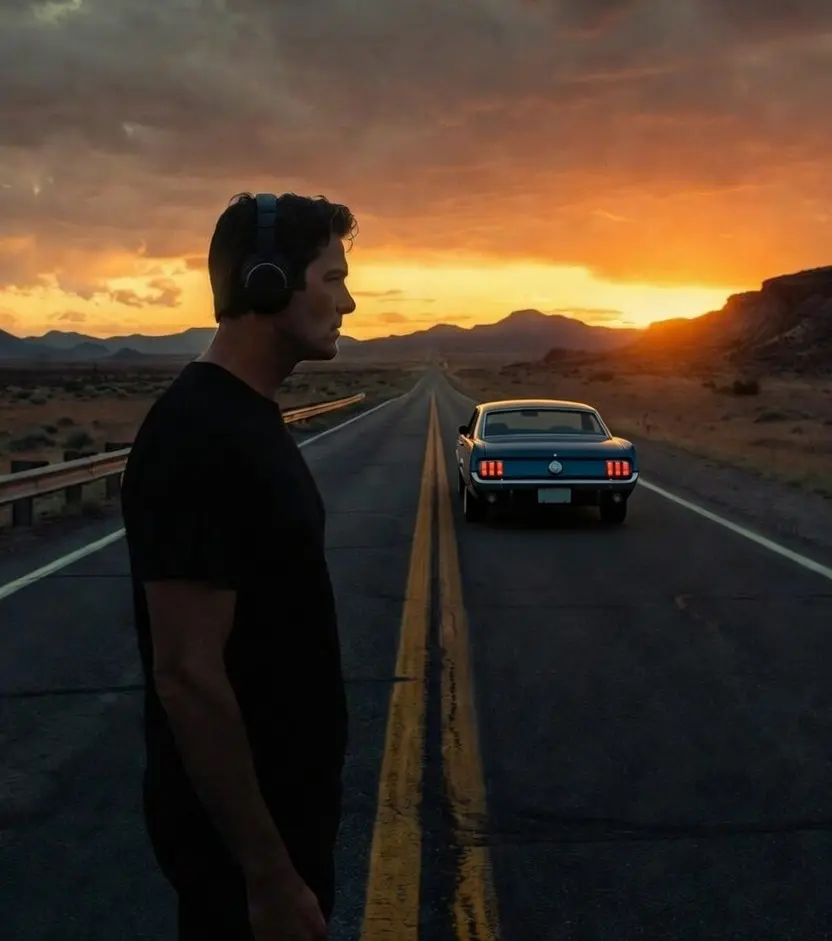 Homme écoutant de la musique avec casque audio sur la Route 66 aux États-Unis, voiture en fond, ambiance cinématographique dramatique au coucher du soleil, illustration épique et mystérieuse inspirée de la série Lanterns Saison 1 (HBO Max) (2026) avec Kyle Chandler et Aaron Pierre, bande originale et musique du trailer State Trooper de Bruce Springsteen