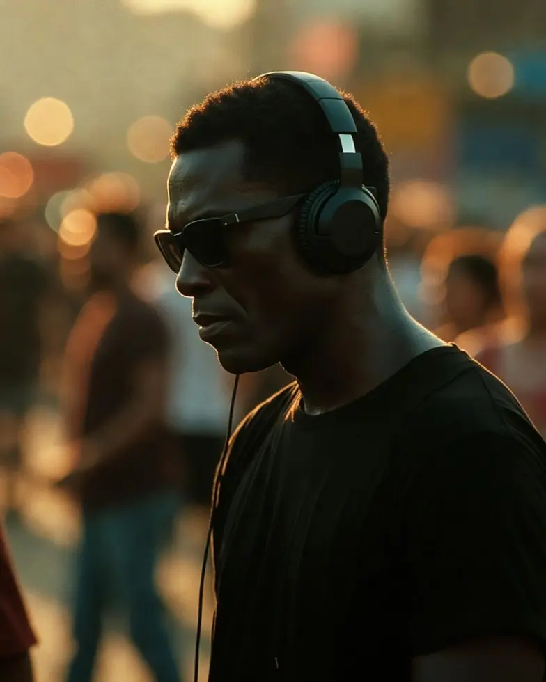 Homme écoutant de la musique avec un casque audio à Rio de Janeiro au Brésil, ambiance urbaine et introspective inspirée de Man on Fire Saison 1 (Netflix) (2026) avec Yahya Abdul-Mateen II, bande originale et musique du trailer You Ain’t Built Like Me de Joznez, DITONE & Kataem
