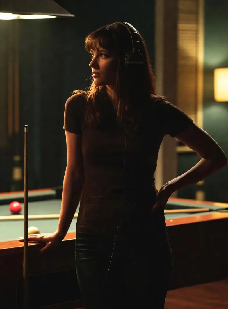 Femme brune écoutant de la musique avec un casque audio devant une table de billard, ambiance nocturne et tendue inspirée de Mike & Nick & Nick & Alice (2026) avec Vince Vaughn, James Marsden et Eiza González, bande originale et musique du trailer She is Beautiful d’Andrew W.K.