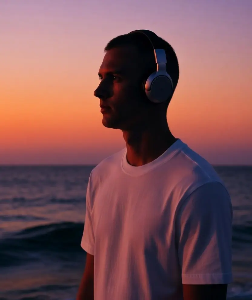 Homme brun aux cheveux courts écoutant de la musique avec un casque audio devant l’océan au crépuscule orangé-violet, ambiance cinématographique introspective et mélancolique inspirée de Outcome (Apple TV+) (2026) de Jonah Hill avec Keanu Reeves, Jonah Hill et Cameron Diaz, bande originale et musique du trailer How Lucky de Kurt Vile feat. John Prine