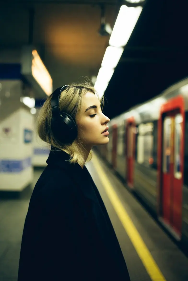 Femme รฉcoutant de la musique avec un casque audio dans le mรฉtro, illustration รฉvoquant lโambiance parodique et urbaine de la bande originale du film Scary Movie 6 (2026) avec Anna Faris, Regina Hall et Marlon Wayans