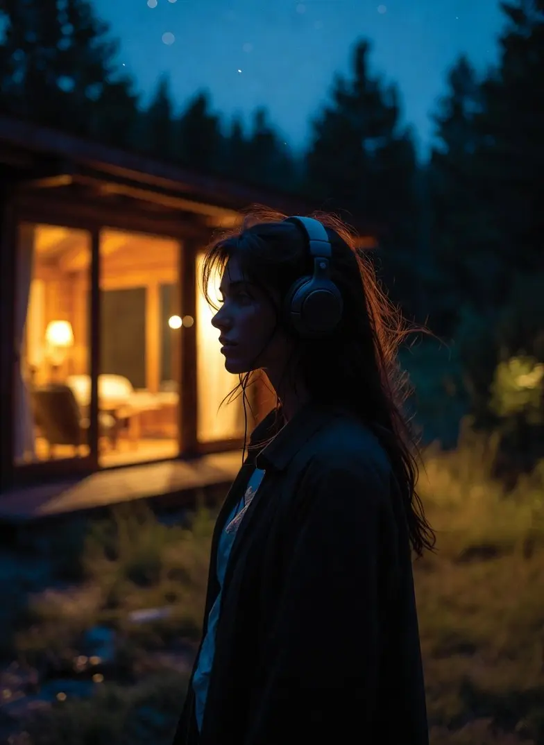 Femme brune écoutant de la musique avec un casque audio dans un chalet isolé à la nuit tombante, ambiance oppressante et introspective inspirée de Something Very Bad Is Going to Happen (Netflix) (2026) avec Camila Morrone et Adam DiMarco, bande originale et musique du trailer You Are My Destiny de Paul Anka