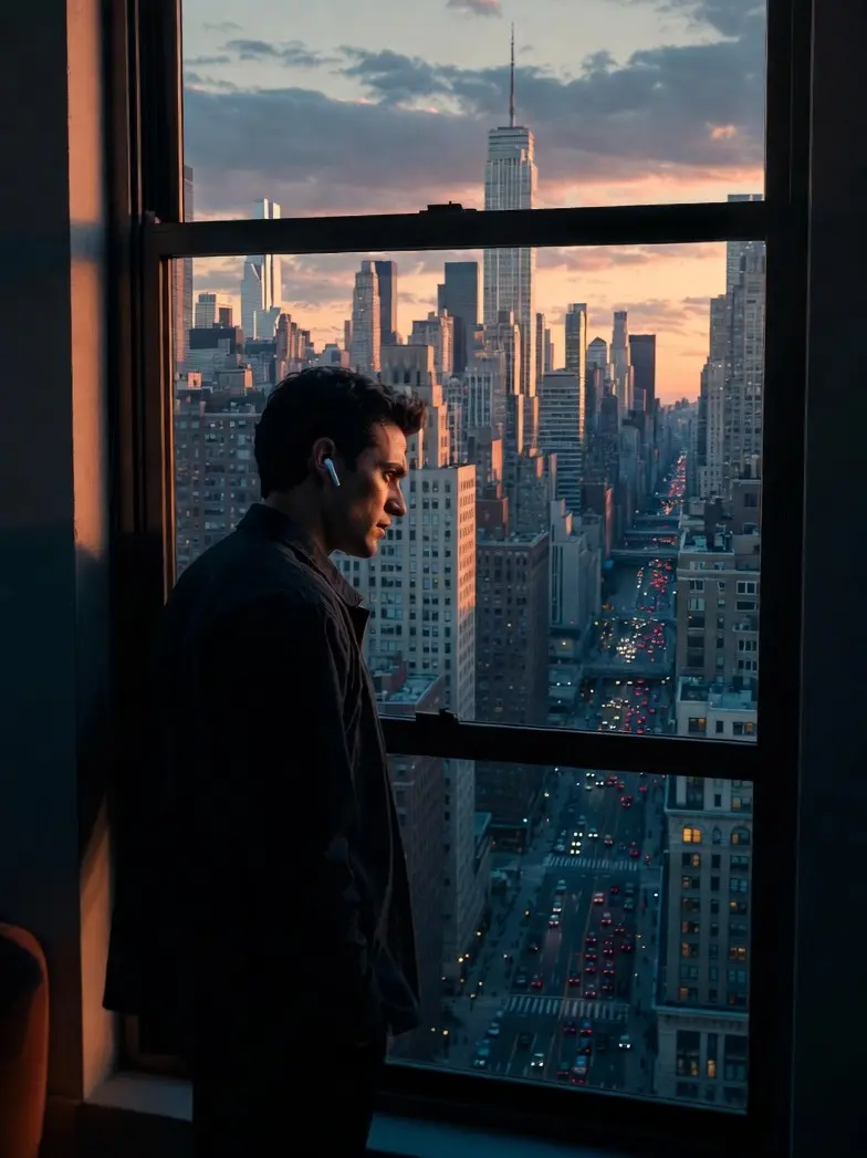 Homme à la fenêtre de son appartement écoutant de la musique avec earpods, vue sur New York au crépuscule, ambiance cinématographique dramatique et urbaine inspirée de Spider-Man: Brand New Day (2026) de Destin Daniel Cretton avec Tom Holland, Zendaya et Jacob Batalon, bande originale et score de Michael Giacchino