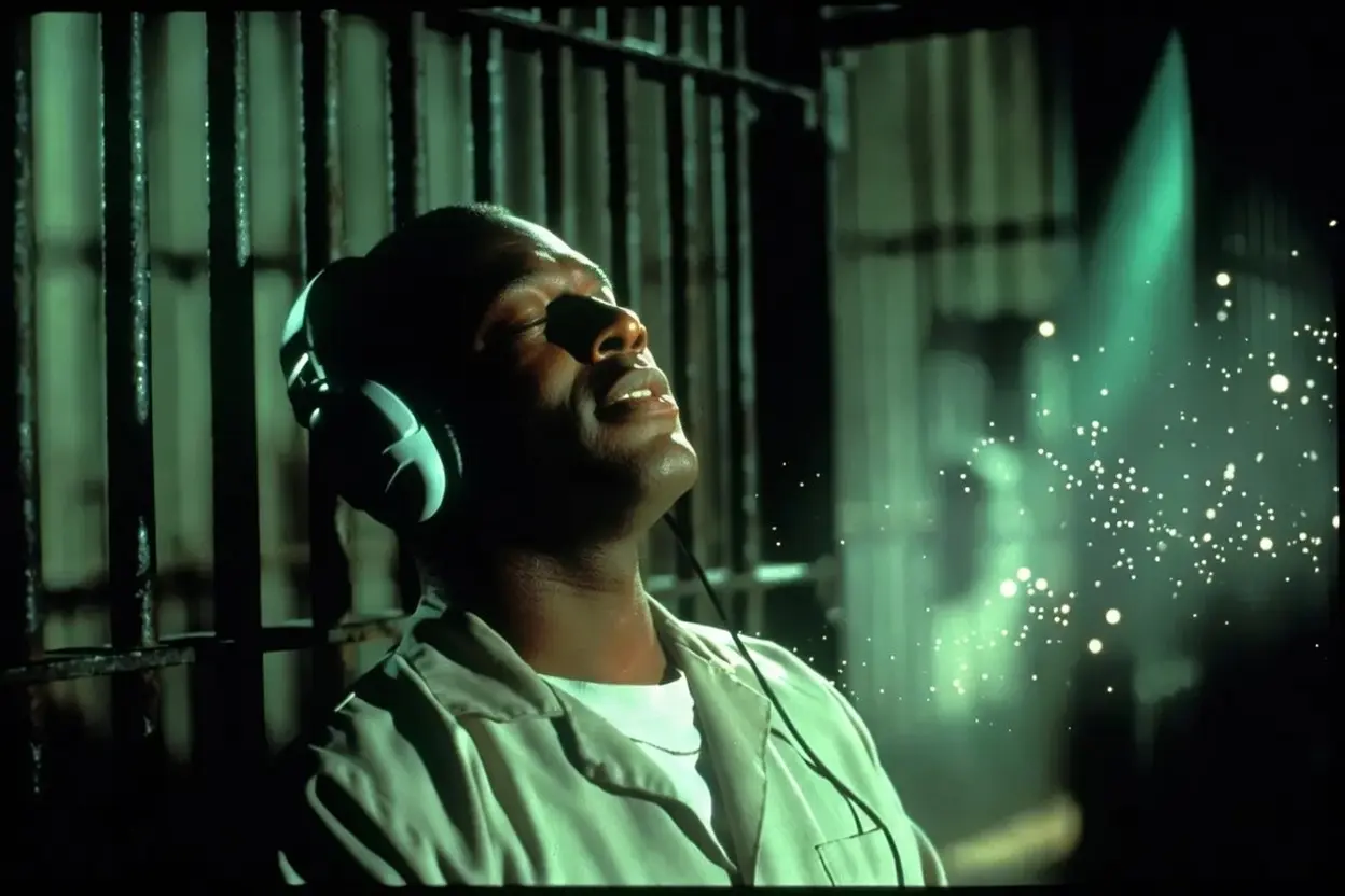 Homme avec casque audio assis calmement devant une cellule vide du couloir de la mort, lumière verte tamisée et particules lumineuses dans l’air, expression paisible et bouleversée, ambiance miraculeuse et contemplative inspirée de The Green Mile (La Ligne verte) (1999) de Frank Darabont avec Tom Hanks et Michael Clarke Duncan, bande originale et score de Thomas Newman