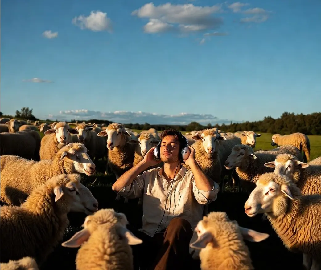 Homme entourรฉ de moutons รฉcoutant de la musique avec un casque audio en ambiance ensoleillรฉe et cinรฉmatographique, inspirรฉ de The Sheep Detectives (2026) de Kyle Balda avec Hugh Jackman, Bryan Cranston, Regina Hall et Emma Thompson, bande originale et musique du trailer Iโm Gonna Be (500 Miles) des The Proclaimers