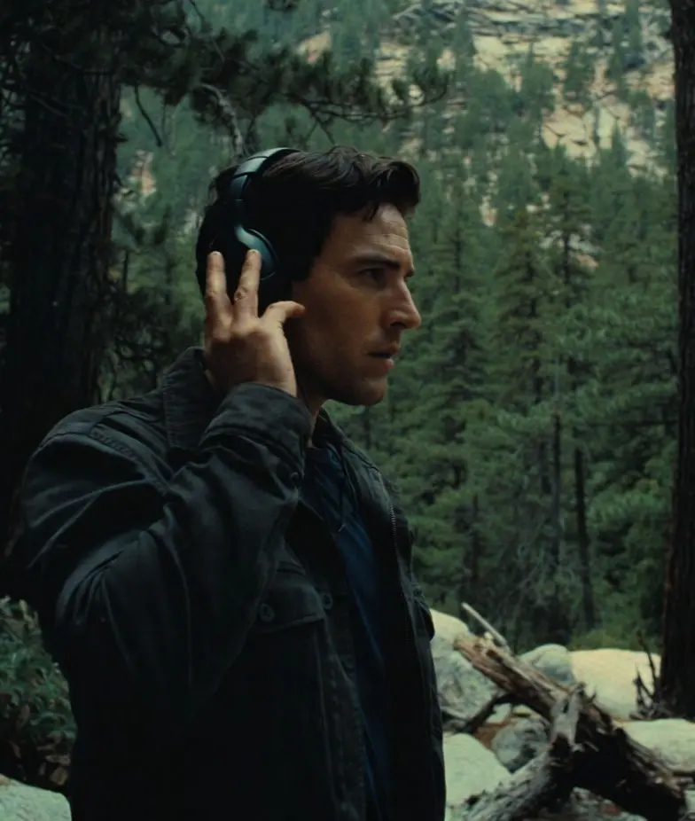 Homme รฉcoutant de la musique avec un casque audio debout dans une forรชt de montagne, ambiance cinรฉmatographique dramatique et sauvage, illustration รฉvoquant la survie extrรชme et la tension militaire de War Machine (Netflix) (2026) avec Alan Ritchson, bande originale et score intense de Dmitri Golovko