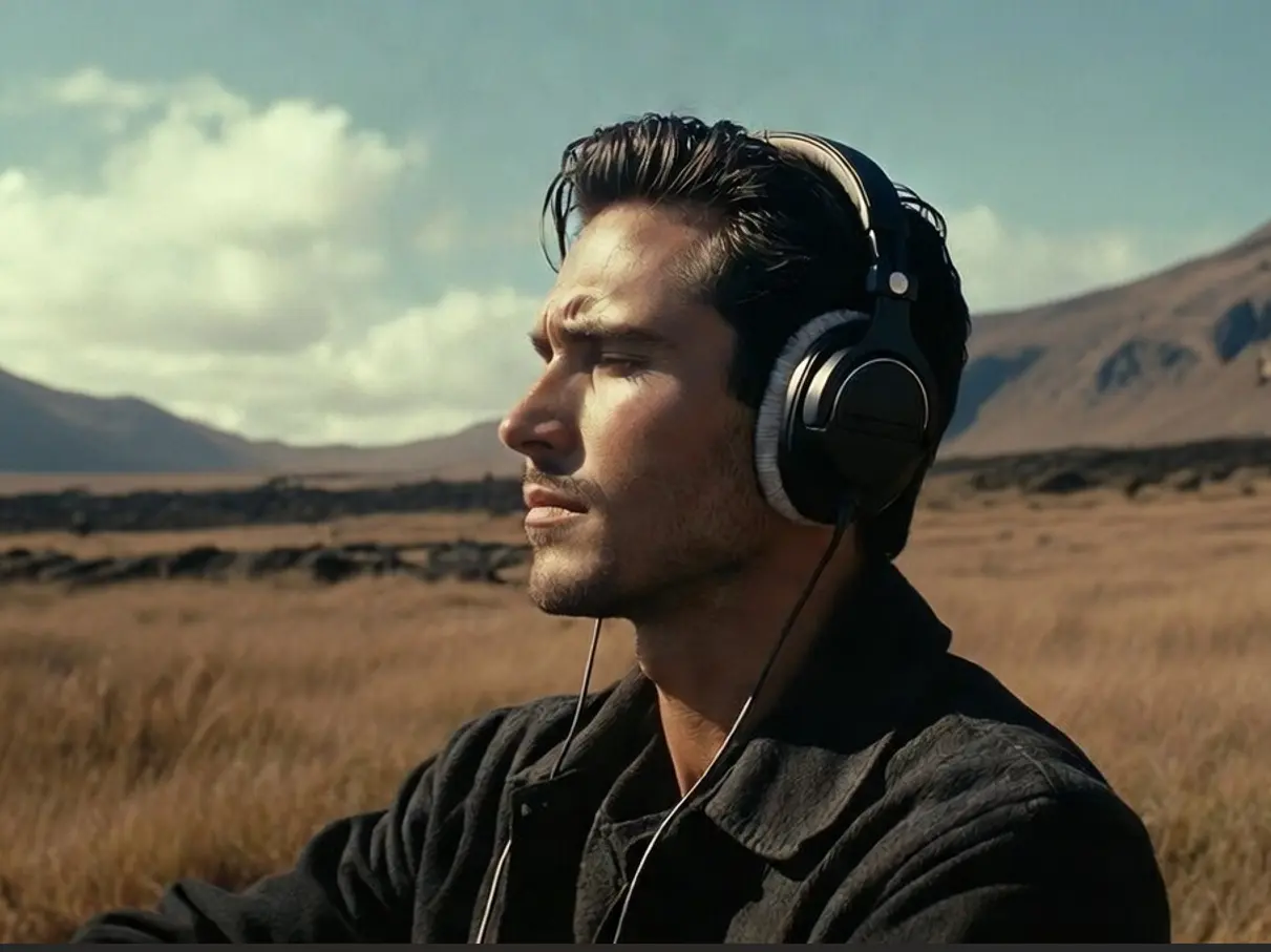 Homme รฉcoutant de la musique avec un casque audio sur lโรฎle de Pรขques au Chili, ambiance cinรฉmatographique isolรฉe et introspective inspirรฉe de Wild Horse Nine (2026) de Martin McDonagh avec Sam Rockwell et John Malkovich, bande originale et musique du trailer War Is Coming! de War
