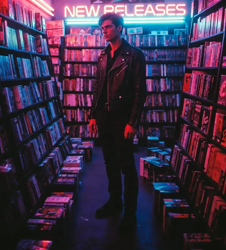 Homme dans un video store rétro nocturne aux couleurs synthwave intenses, vibe Tarantino, pour l'article sur ses films préférés 2000-2025 avec trailers et musiques