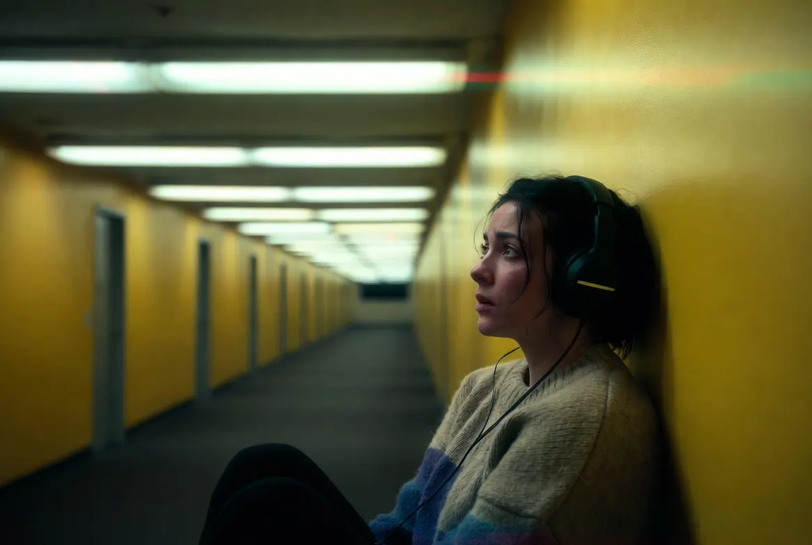 Femme pensive avec un casque audio assise contre un mur jaune dans les couloirs infinis et oppressants des Backrooms, expression entre introspection et peur silencieuse, ambiance liminale horrifique inspirรฉe de Backrooms (2026) dโA24 avec Renate Reinsve et Chiwetel Ejiofor, bande originale et musique du trailer Six Forty Seven dโInstupendo