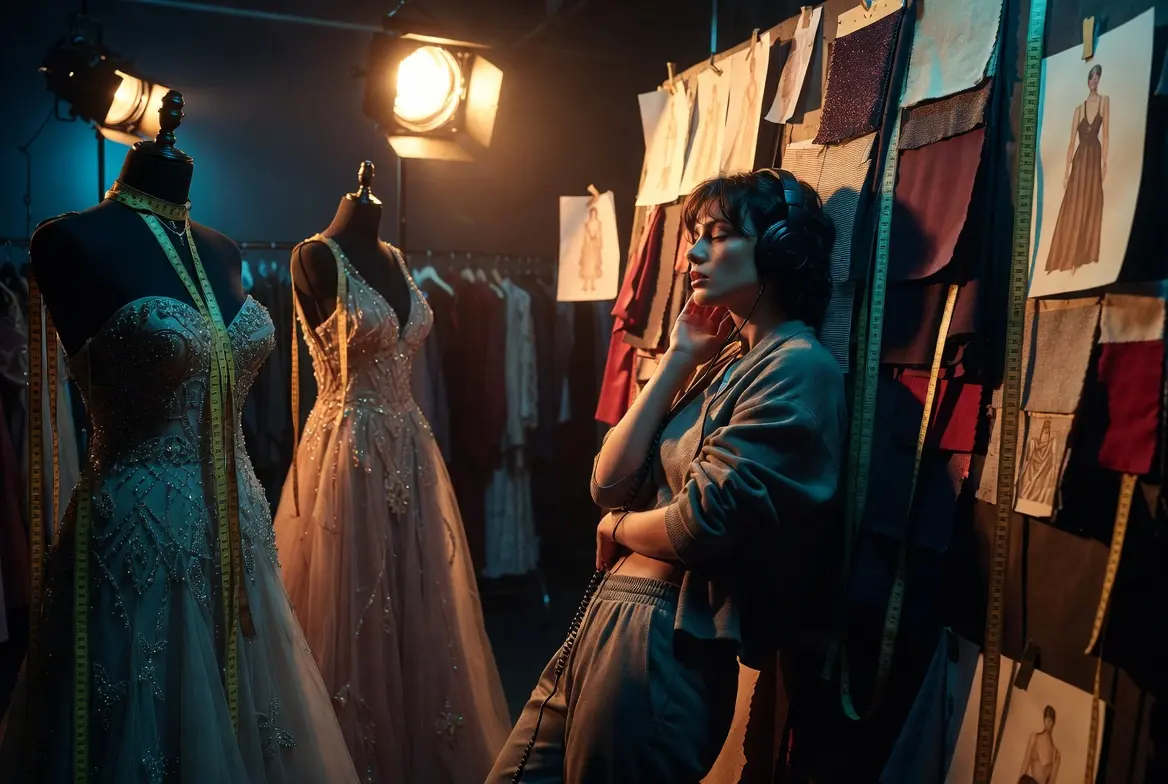 Femme stylรฉe dโune trentaine dโannรฉes avec un casque audio, adossรฉe ร un mur couvert dโรฉchantillons de tissus dans un atelier de haute couture, expression contemplative inspirรฉe de Mother Mary (2026) de David Lowery avec Anne Hathaway, Michaela Coel et FKA twigs, bande originale incluant des chansons originales de Charli XCX, Jack Antonoff et FKA twigs