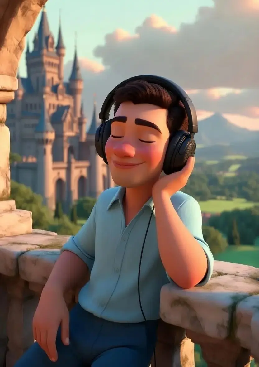 Personnage d’animation écoutant de la musique avec un casque audio sur le balcon d’un château, ambiance galactique et aventureuse inspirée de The Super Mario Galaxy Movie (Super Mario Galaxy, le film) (2026) avec Chris Pratt, Anya Taylor-Joy et Jack Black, bande originale et score épique de Brian Tyler