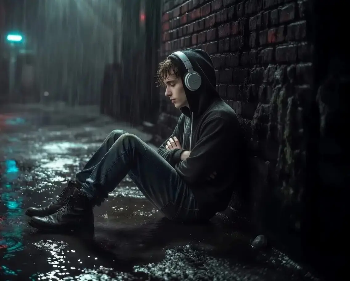 Personne assise contre un mur de briques dans une ruelle sombre sous la pluie, écoutant de la musique avec un casque audio. Ambiance sombre, gritty et inquiétante de Clayface (2026), thriller horrifique avec Tom Rhys Harries et Naomi Ackie.