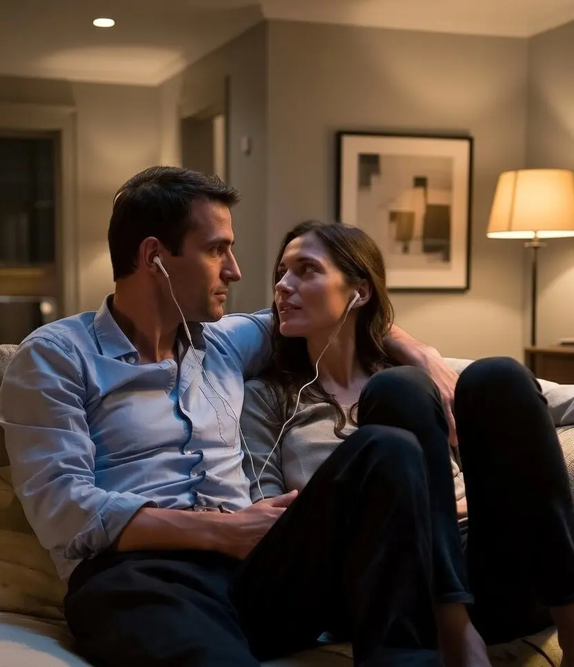 Couple écoutant de la musique ensemble avec des earpods partagés sur le canapé. Ambiance intime et romantique de la BO de Fantasy Life (2026), comédie dramatique avec Amanda Peet et Matthew Shear.