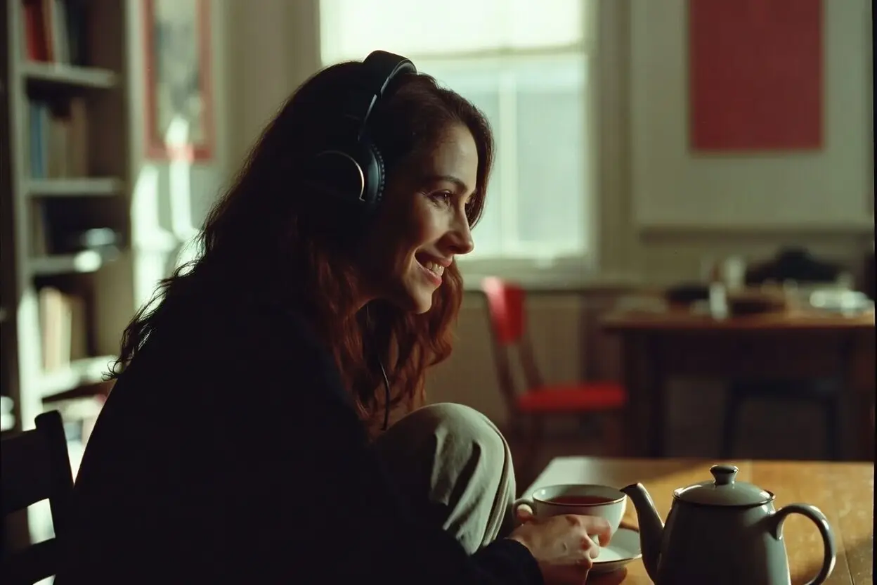 Femme รฉcoutant la bande originale de Father Mother Sister Brother (2025) de Jim Jarmusch, ambiance intime et mรฉlancolique dans une cuisine dublinoise. Score composรฉ par Jim Jarmusch & Anika avec des titres comme Spooky et These Days.