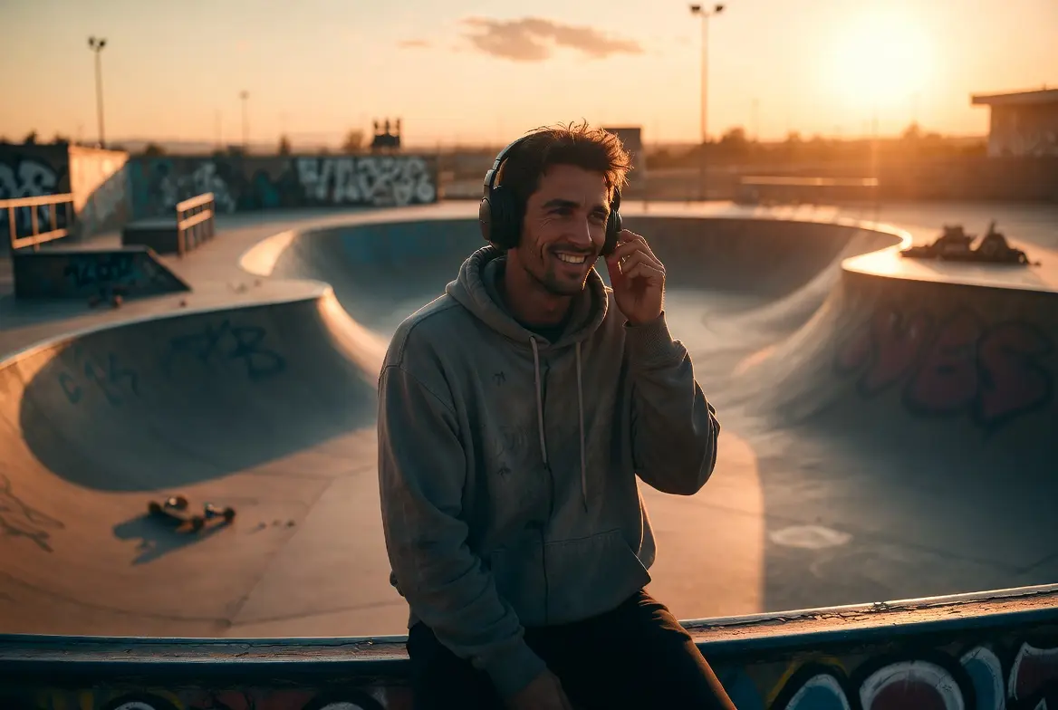 Homme assis sur le bord d’un half-pipe dans un skatepark abandonné au coucher du soleil, écoutant de la musique avec un casque audio. Ambiance nostalgique et bittersweet de la BO de Jackass: Best and Last (2026), le dernier volet de la saga avec Johnny Knoxville et Steve-O.