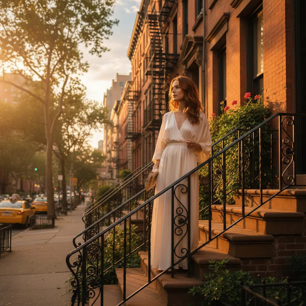 Bande originale de My Best Friend’s Wedding (Le mariage de mon meilleur ami) avec Julia Roberts : une femme écoute de la musique avec un casque audio sur les marches d’un immeuble new-yorkais au golden hour, ambiance comédie romantique des années 90