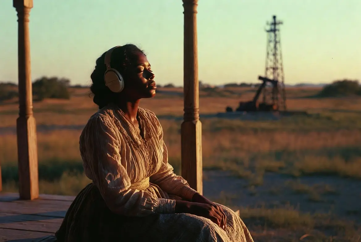 Femme des années 1910 écoutant de la musique avec un casque audio sur le porche d’une maison en Oklahoma, expression calme et déterminée. Ambiance introspective et inspirante de Sarah’s Oils (La Terre de Sarah) (2025), drame historique sur la foi et la résilience avec Naya Desir-Johnson.