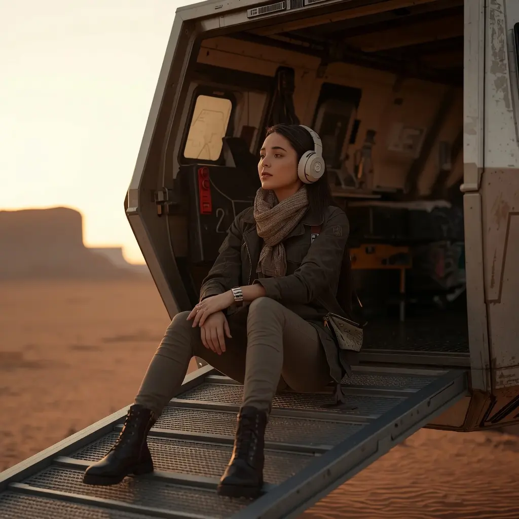Jeune femme voyageuse spatiale écoutant de la musique avec un casque audio sur la rampe d’un vaisseau posé dans le désert. Ambiance paisible et épique de Star Wars: The Mandalorian and Grogu (2026), avec le score de Ludwig Göransson.