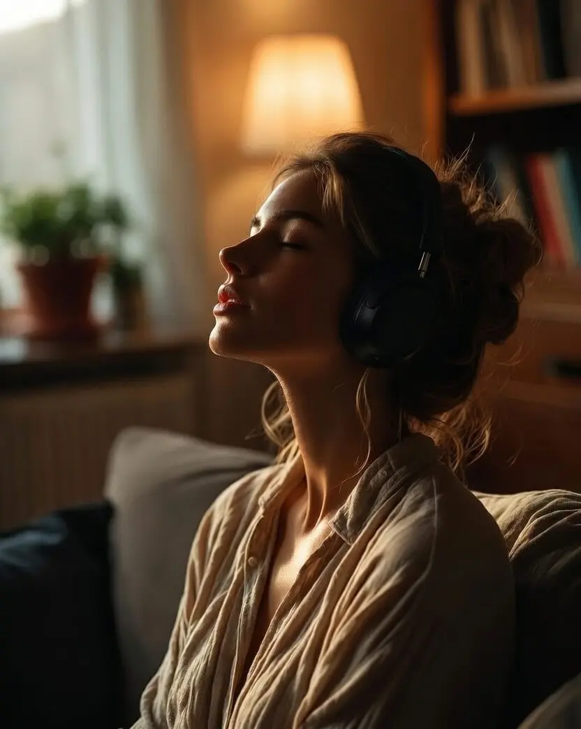 Femme écoutant la bande originale de The Chronology of Water (2025), premier film réalisé par Kristen Stewart. Ambiance intime et mélancolique avec le score de Paris Hurley et les chansons de Fiona Apple et Strawberry Switchblade.