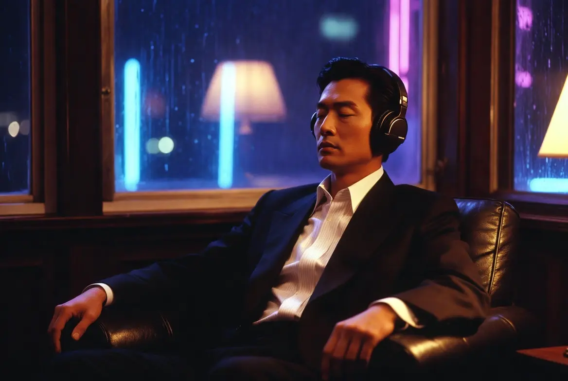 Homme élégant écoutant la bande originale de The Killer (1989) de John Woo dans un appartement luxueux à Hong Kong. Ambiance mélancolique et stylée avec le score de Lowell Lo et les chansons de Sally Yeh, film culte avec Chow Yun-Fat.