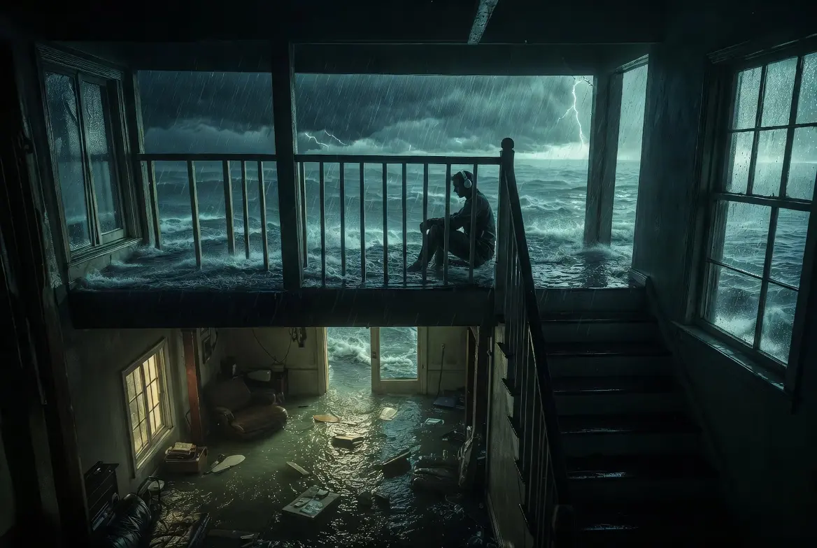 Homme écoutant la bande originale de Thrash (Nature prédatrice) sur Netflix, assis dans un escalier d’une maison inondée pendant un ouragan. Ambiance survival thriller intense avec le score de Dominic Lewis & Daniel Futcher, film avec Whitney Peak et Phoebe Dynevor.