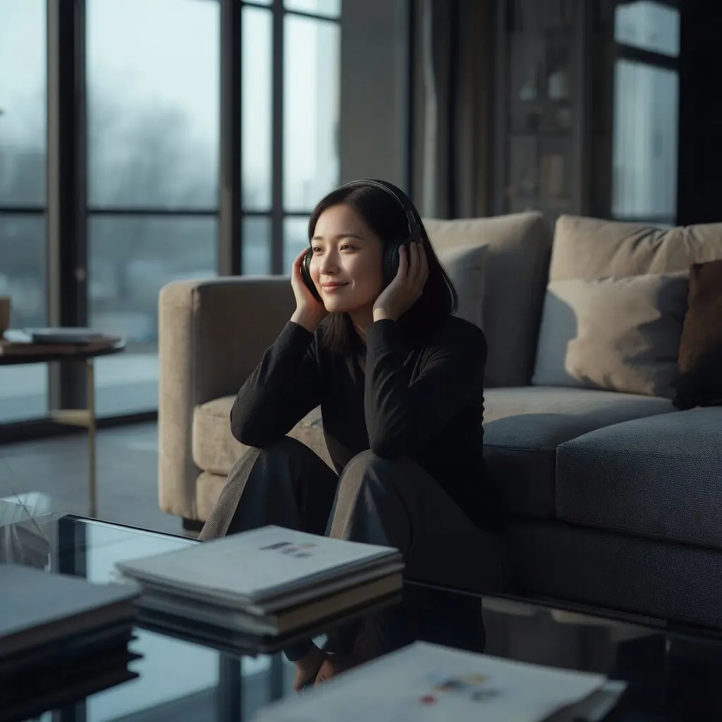 Femme portant un casque audio, assise sur le sol contre un canapé dans un salon luxueux, écoutant de la musique pour échapper à ses pensées. Ambiance tendue et introspective de la BO de Verity (2026), thriller psychologique avec Dakota Johnson, Anne Hathaway et Josh Hartnett.