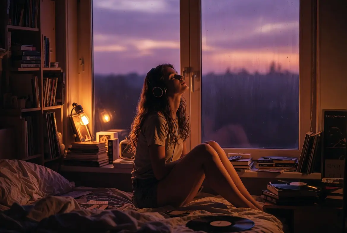 Jeune femme écoutant de la musique avec un casque audio assise sur le rebord d’une fenêtre au crépuscule dans un petit appartement. Ambiance nostalgique et intimiste de la BO de Blue Moon (2025), comédie dramatique de Richard Linklater avec Ethan Hawke et Margaret Qualley.