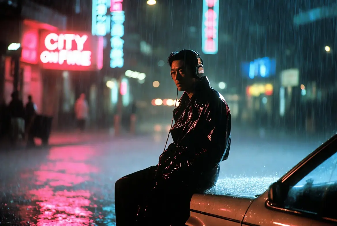 Homme stylé en trench coat noir écoutant la bande originale de City on Fire (1987) sur une voiture sous la pluie à Hong Kong la nuit. Ambiance néon iconique du film avec Chow Yun-Fat, musique de Teddy Robin Kwan et Maria Cordero.