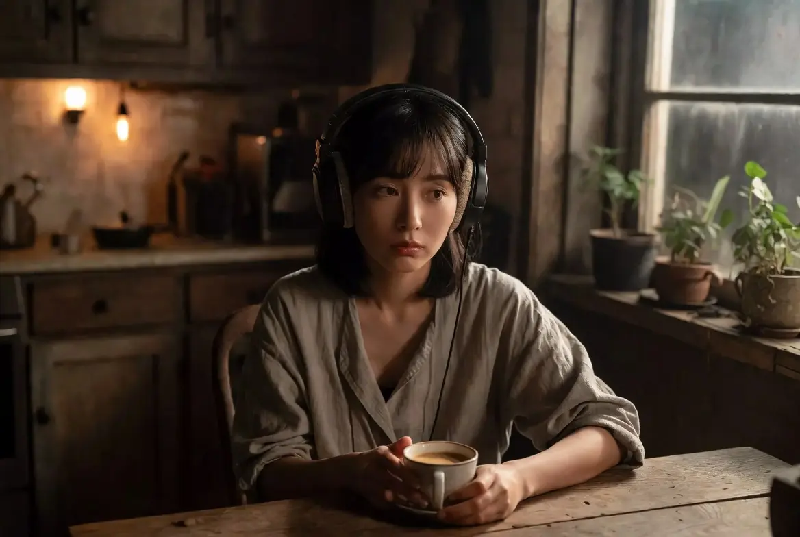 Femme dans la trentaine écoutant de la musique avec un casque audio à la table de la cuisine d’une vieille maison, tenant une tasse de café. Ambiance calme et mystérieuse de la BO de Hokum (2026), film d’horreur surnaturel avec Adam Scott.