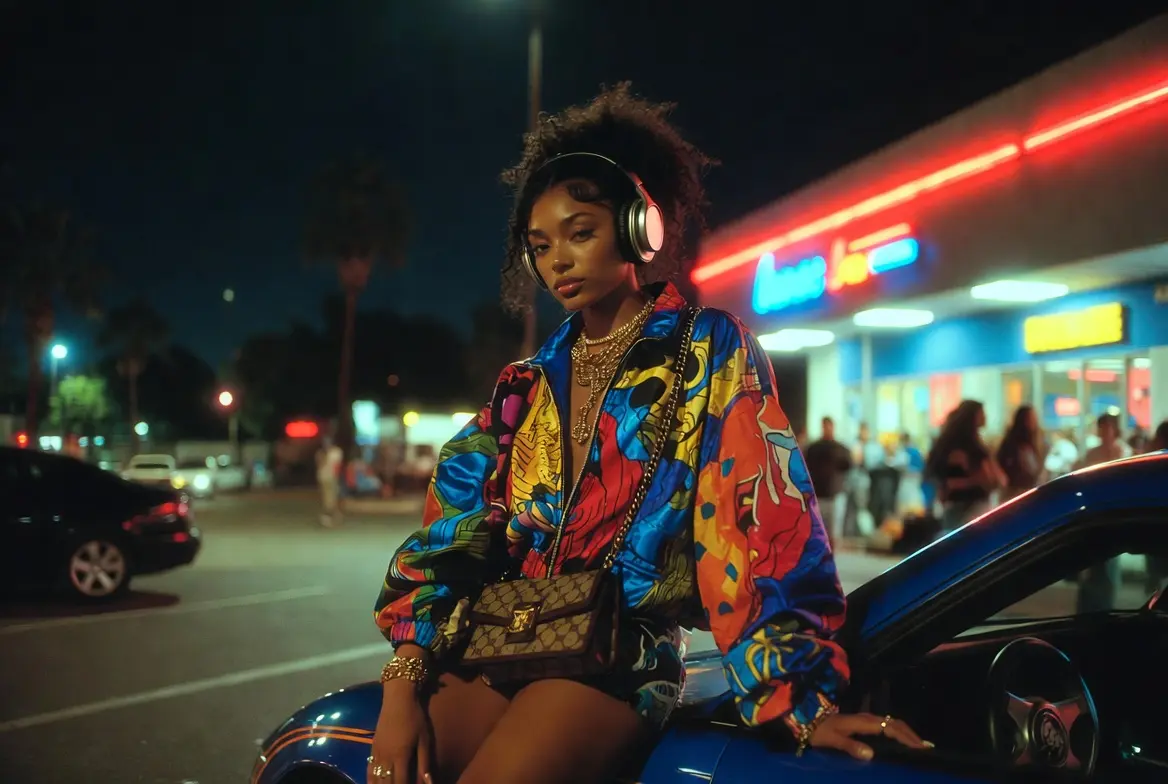 Jeune femme noire stylée en streetwear écoutant de la musique avec un casque audio, assise sur le capot d’une voiture de luxe la nuit dans un parking urbain illuminé de néons. Ambiance énergique, satirique et fashionable de la BO de I Love Boosters (2026), comédie de Boots Riley avec Keke Palmer.