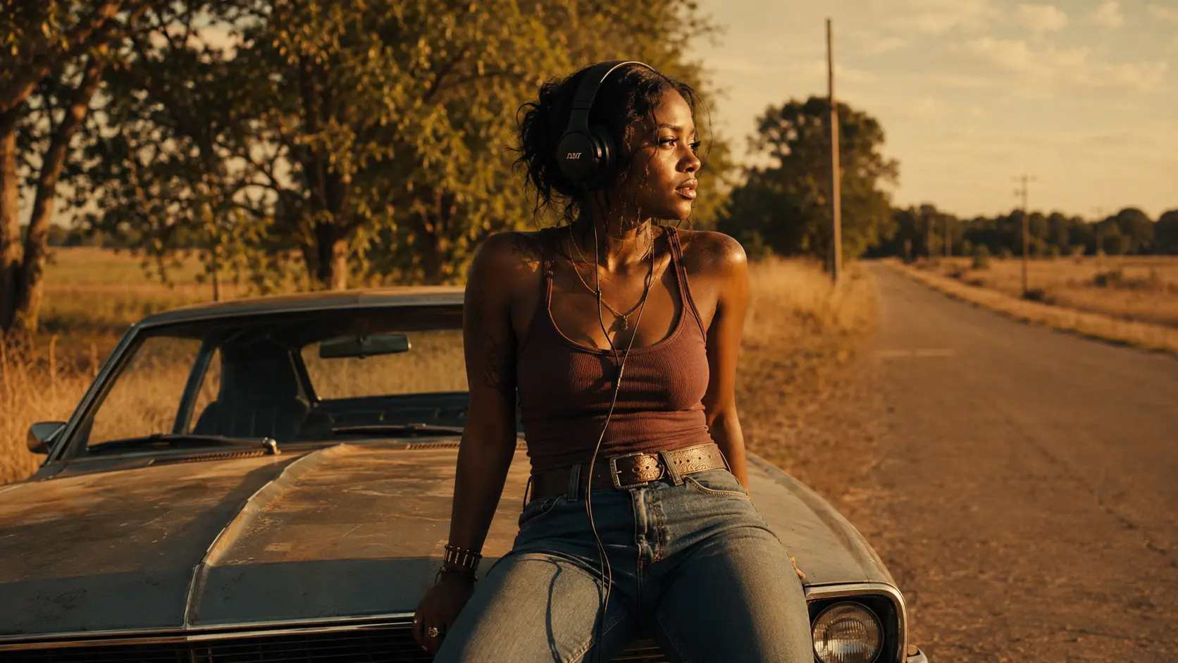 Femme assise sur le capot d’une vieille voiture sur une route poussiéreuse du Sud américain au golden hour, écoutant de la musique avec un casque audio et une expression déterminée. Ambiance puissante et vengeresse de la BO de Is God Is (2026), thriller de Aleshea Harris avec Kara Young, Mallori Johnson et Janelle Monáe.
