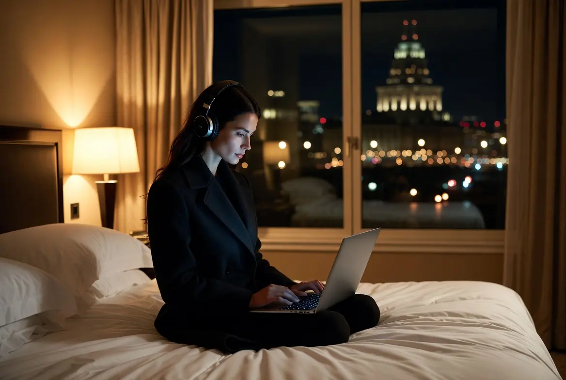 Femme élégante en manteau portant un casque audio, assise dans une chambre d’hôtel de luxe la nuit, écoutant de la musique tout en travaillant sur son ordinateur. Ambiance tendue et sophistiquée de la BO de Jack Ryan: Ghost War (Guerre Fantôme) (2026) avec John Krasinski.