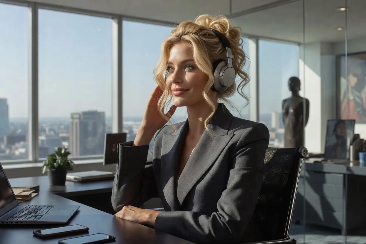 Femme élégante en tailleur business portant un casque audio, assise avec assurance à son bureau dans un luxueux open space. Ambiance satirique et féministe de la BO de Ladies First (2026), comédie Netflix avec Sacha Baron Cohen et Rosamund Pike.