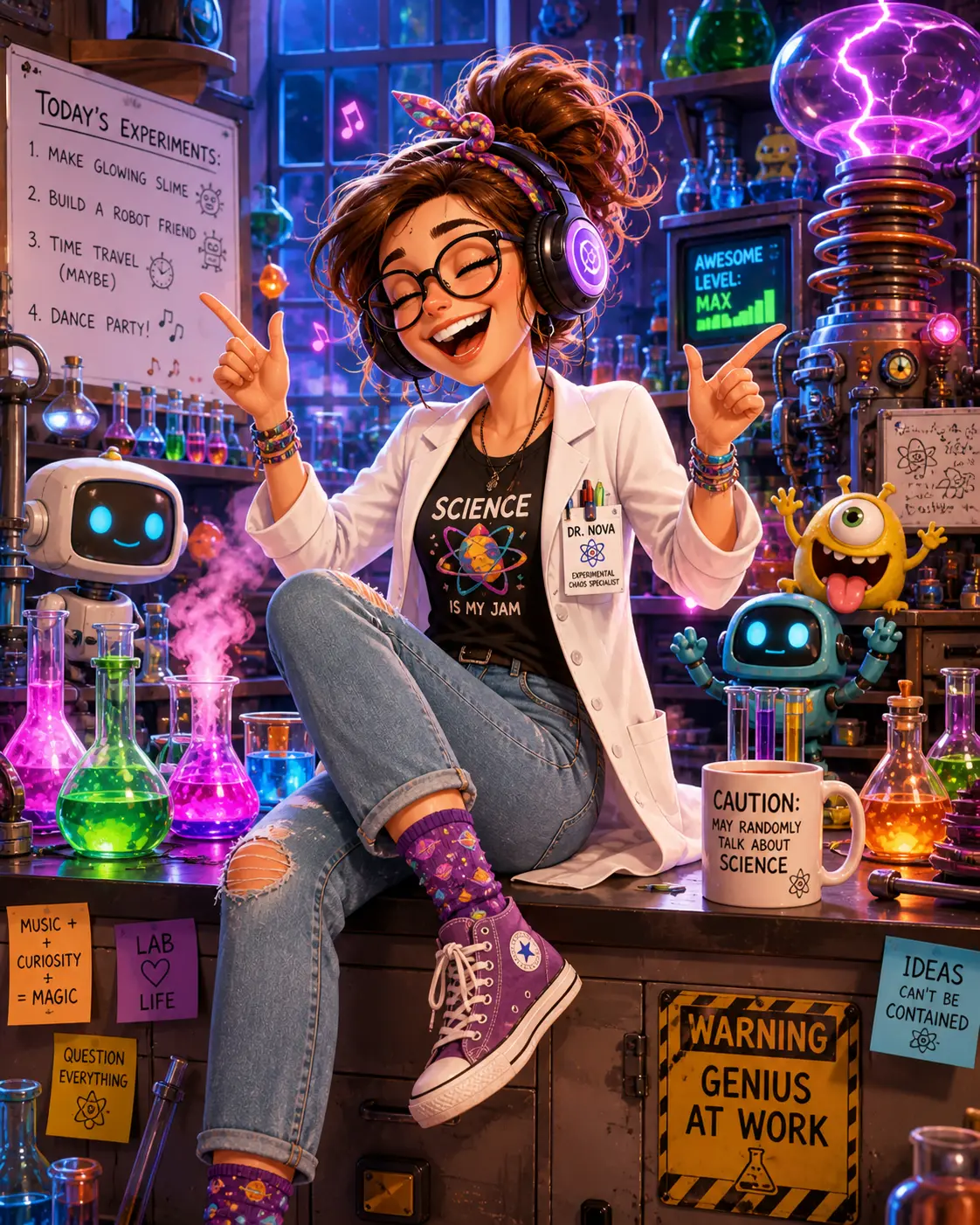 Scientifique femme stylée en blouse blanche portant un gros casque audio, assise sur une table de laboratoire avec une expression joyeuse et inspirée. Ambiance fun, colorée et énergique de la BO de Minions & Monsters (Des Minions et des monstres) (2026), nouveau film Illumination.