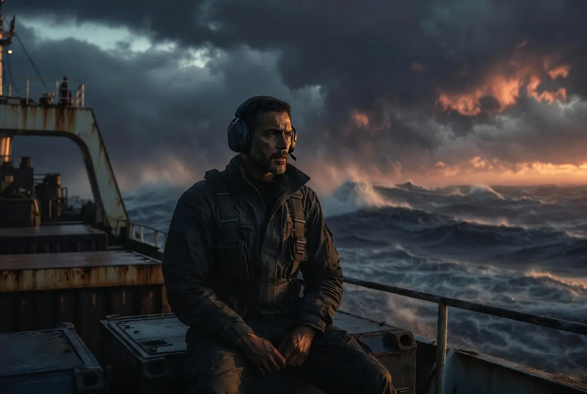 Homme portant un casque audio, assis sur un conteneur sur le pont d’un cargo en pleine tempête au coucher du soleil. Ambiance tendue et intense de la BO de Mutiny (2026), thriller d’action avec Jason Statham et Annabelle Wallis.