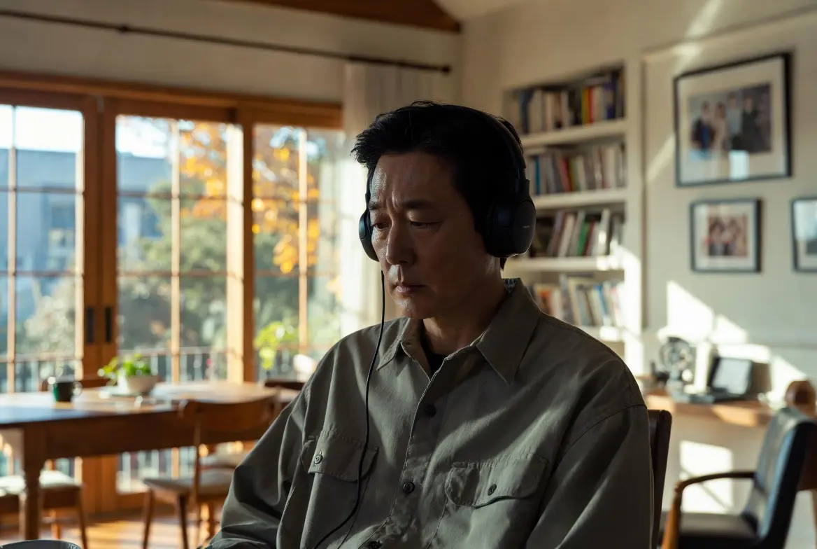 Homme en chemise écoutant de la musique avec un casque audio, assis calmement à une table dans un salon familial coréen moderne. Ambiance tendue et stylée de la BO de No Other Choice (Aucun autre choix) (2025), thriller comique noir de Park Chan-wook avec Lee Byung-hun et Son Ye-jin.